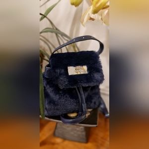 SWAROVSKI TEDDY PLUSH Swan Dark Blue Faux Fur & Leather Small Backpack
